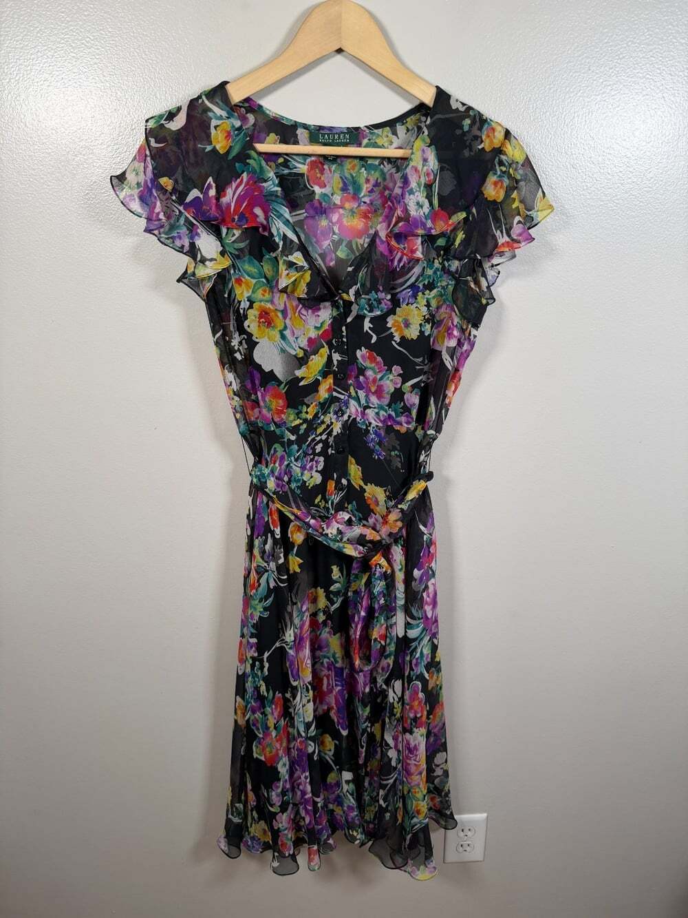 Lauren Ralph Lauren Silk Midi Dress Size 6 Floral Ruffle Feminine Garden Party